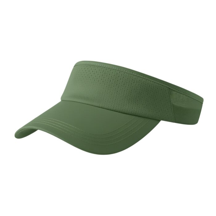 Olive green golf visor with perforated band, curved brim, and mesh side panel against a white background