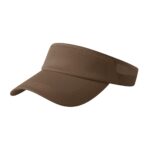 Tan golf visor with perforated top band, stitched brim, and side mesh detail, shown at an angle on a white background