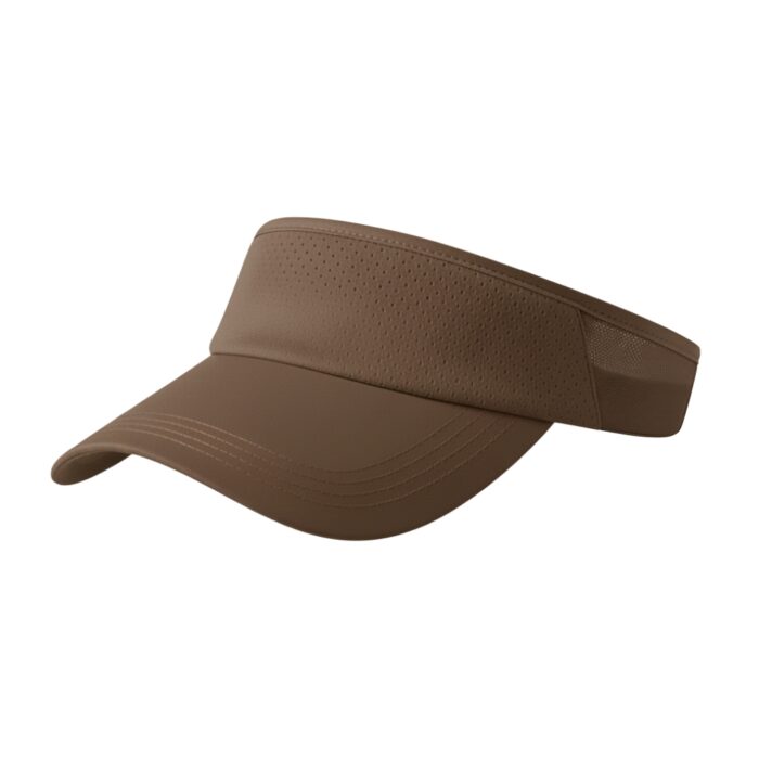 Tan golf visor with perforated top band, stitched brim, and side mesh detail, shown at an angle on a white background