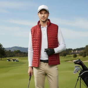 Men wearing red quilted golf puffer vest over white polo shirt on golf course holding club