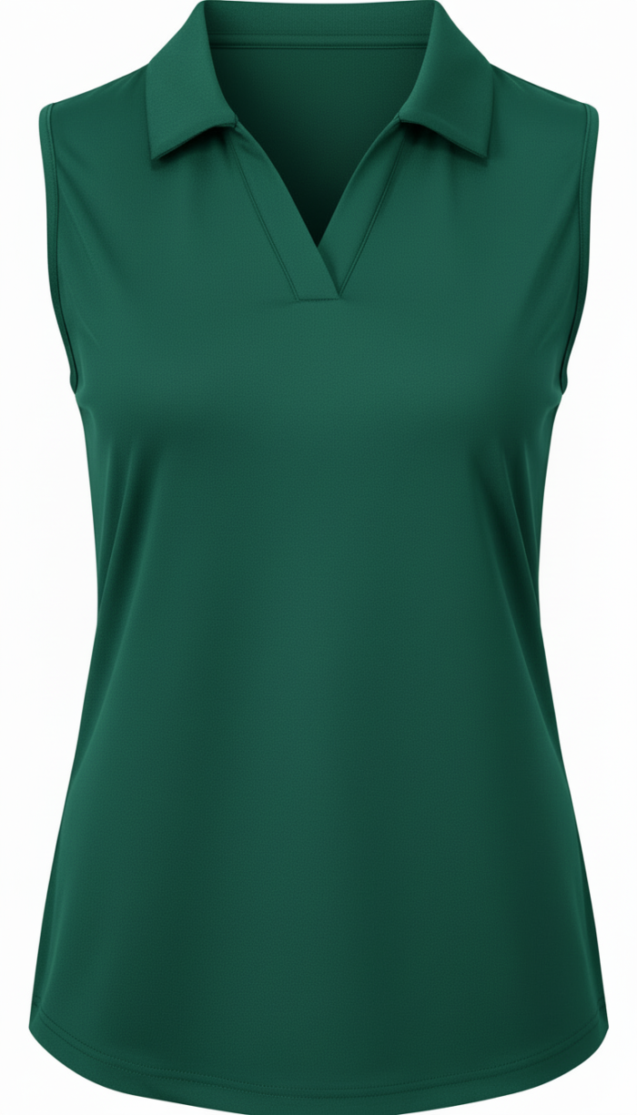 Green sleeveless golf shirt with a V-neck and collared neckline, front view.