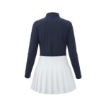 Back view of a navy long-sleeve golf dress with a white pleated skirt.