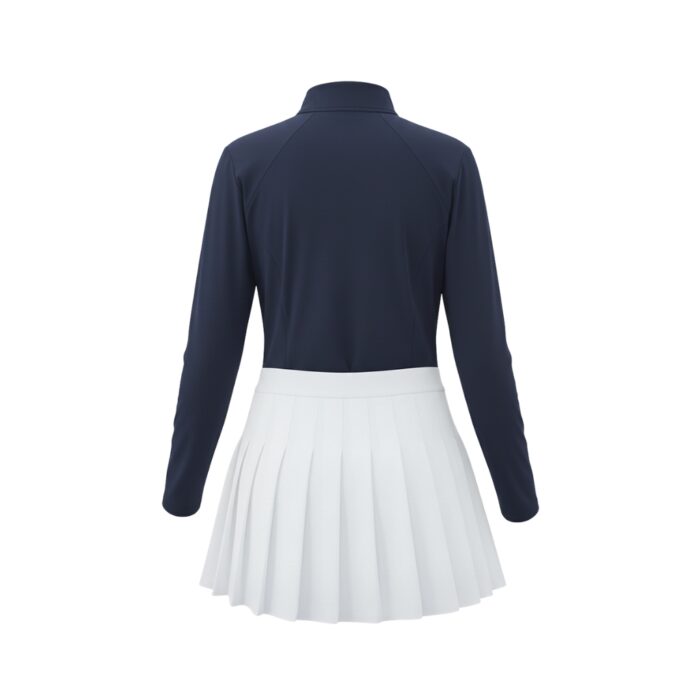 Back view of a navy long-sleeve golf dress with a white pleated skirt.
