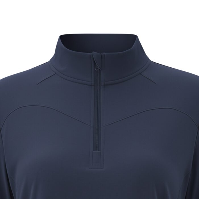 Close-up of a navy blue long-sleeve golf top with a quarter-zip and curved seam details.