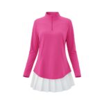 Front view of a vibrant pink long-sleeve golf top with a white pleated skirt.