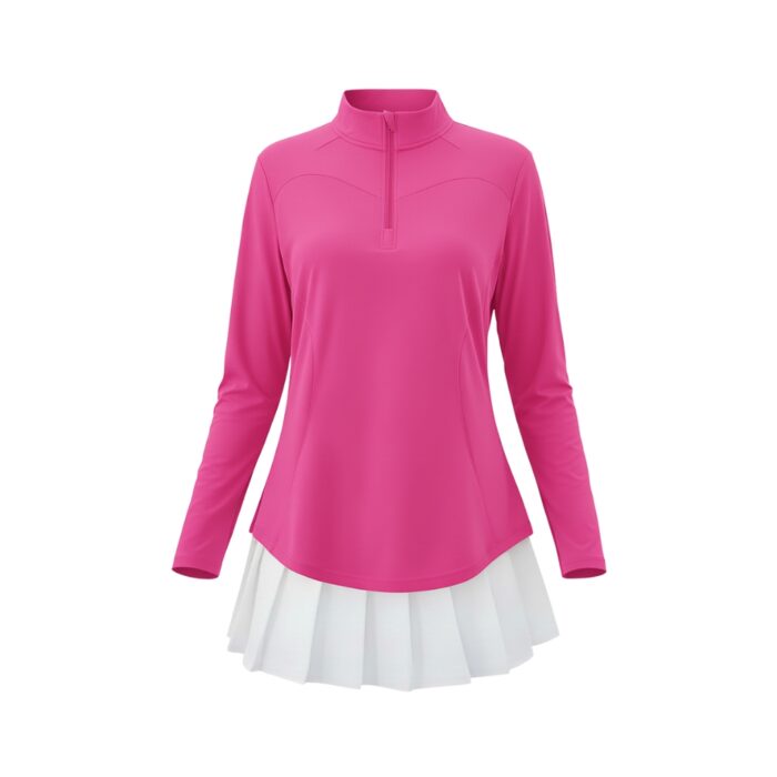 Front view of a vibrant pink long-sleeve golf top with a white pleated skirt.