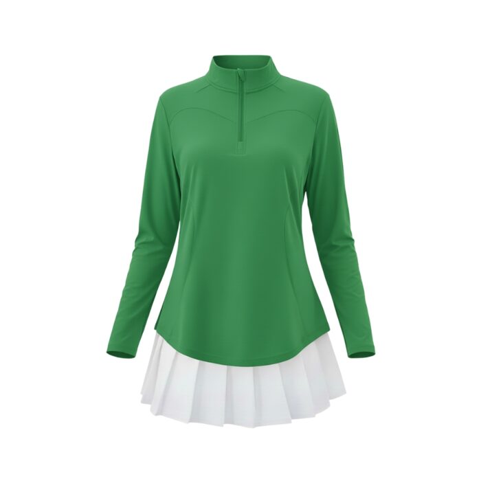 Front view of a green long-sleeve golf top with a white pleated skirt.