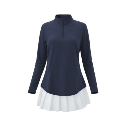 Navy long-sleeve polo dress with a white pleated skirt peeking from underneath.