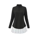 Front view of a black long-sleeve golf top with a white pleated skirt.