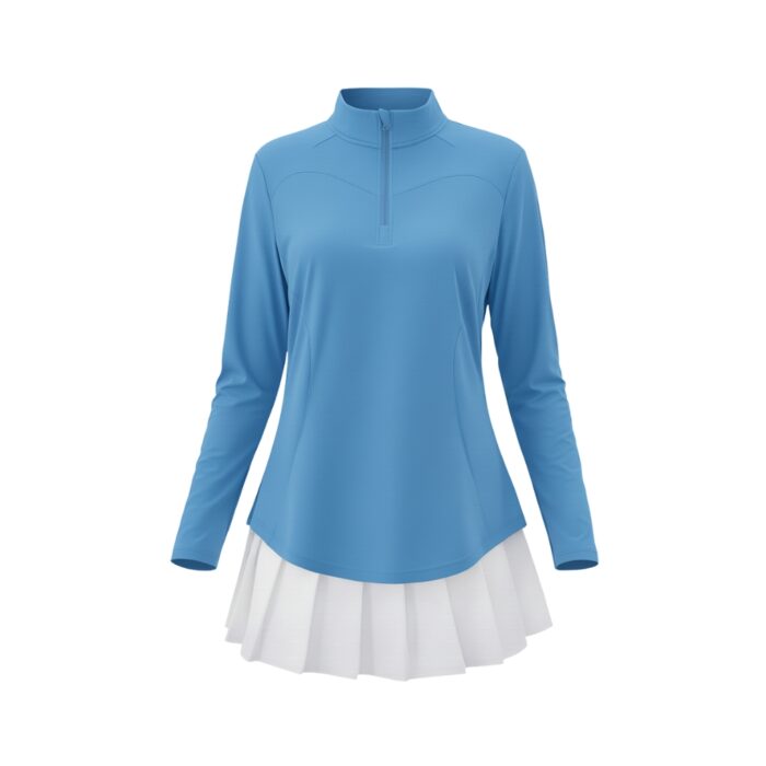 Front view of a light blue long-sleeve golf top paired with a white pleated skirt.