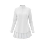 Front view of a white long-sleeve golf top with a short zipper, paired with a pleated white tennis skirt.