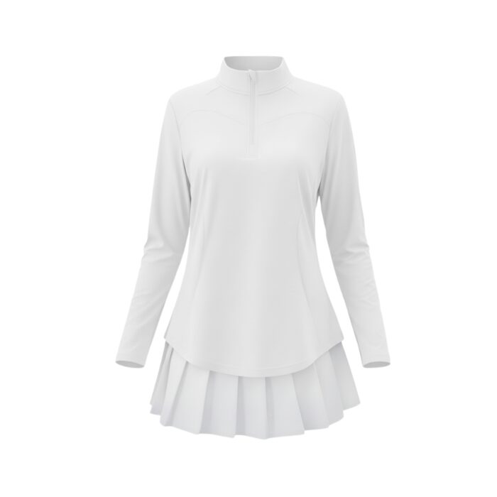 Front view of a white long-sleeve golf top with a short zipper, paired with a pleated white tennis skirt.