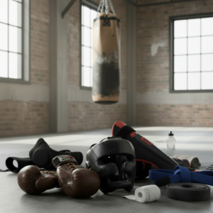 A boxing gym scene with various MMA accessories scattered on a gray floor: brown boxing gloves, a black headguard, red-accent shin guards, a water bottle, athletic tape, a blue belt, and a black resistance band. A cream and black punching bag hangs from the ceiling in the background, with exposed brick walls and large windows.