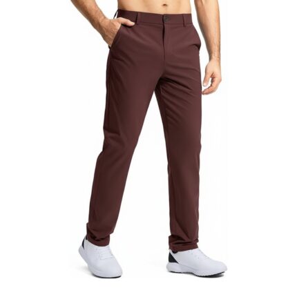 Maroon men's golf pants worn by a man with hands in pockets, white sneakers.