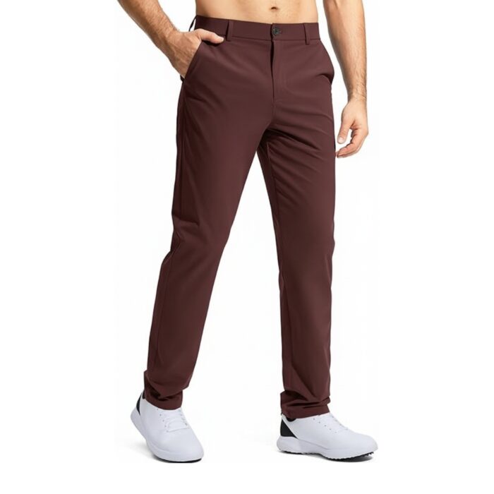 Maroon men's golf pants worn by a man with hands in pockets, white sneakers.