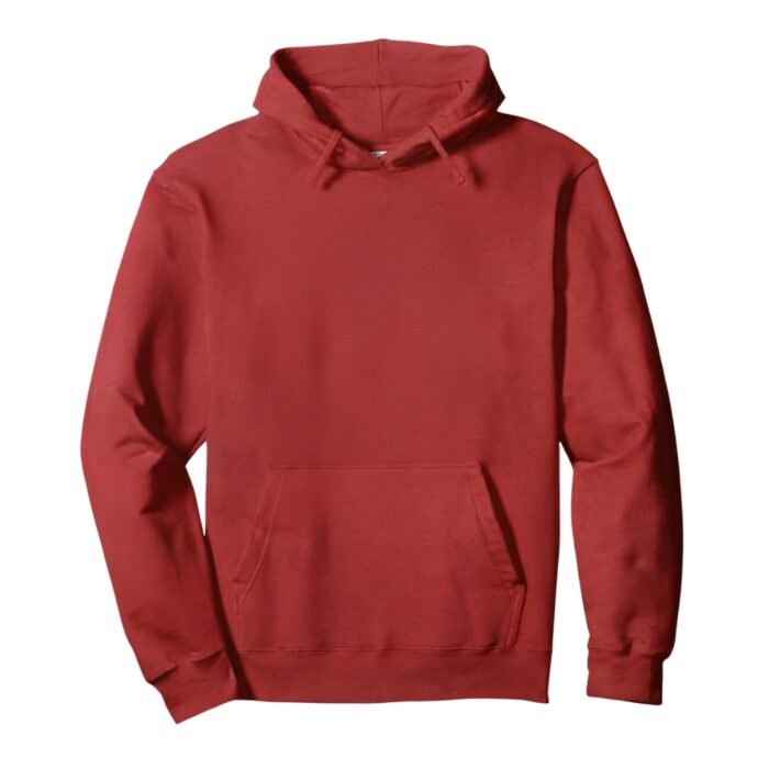 Men’s red pullover hoodie with a drawstring hood and front kangaroo pocket.