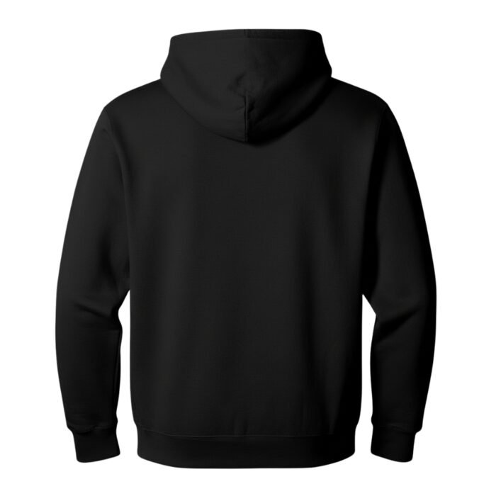 Men’s black badminton hoodie (back view) with a hood and long sleeves.