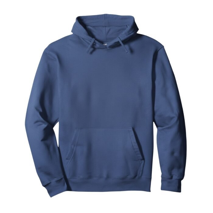 Men’s blue pullover hoodie with a drawstring hood and front kangaroo pocket.