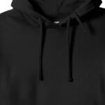 Close-up of a men’s black badminton hoodie front with adjustable drawstrings under the hood.