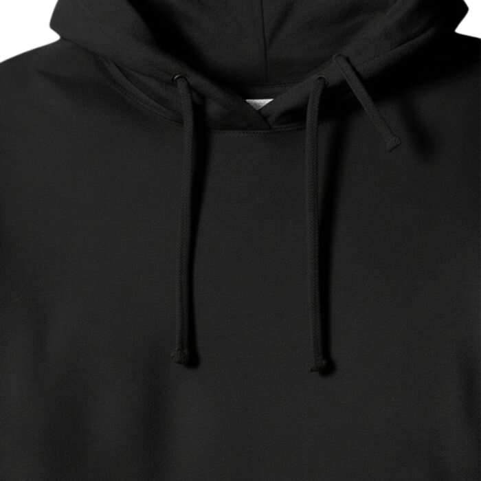 Close-up of a men’s black badminton hoodie front with adjustable drawstrings under the hood.