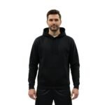 Man wearing a black badminton hoodie and pants, standing against a white background.