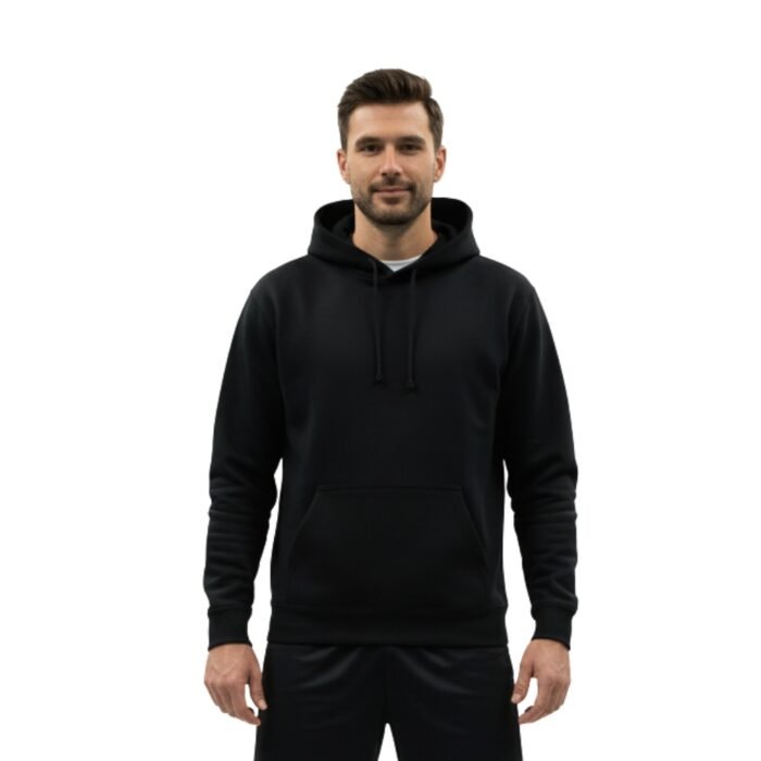 Man wearing a black badminton hoodie and pants, standing against a white background.