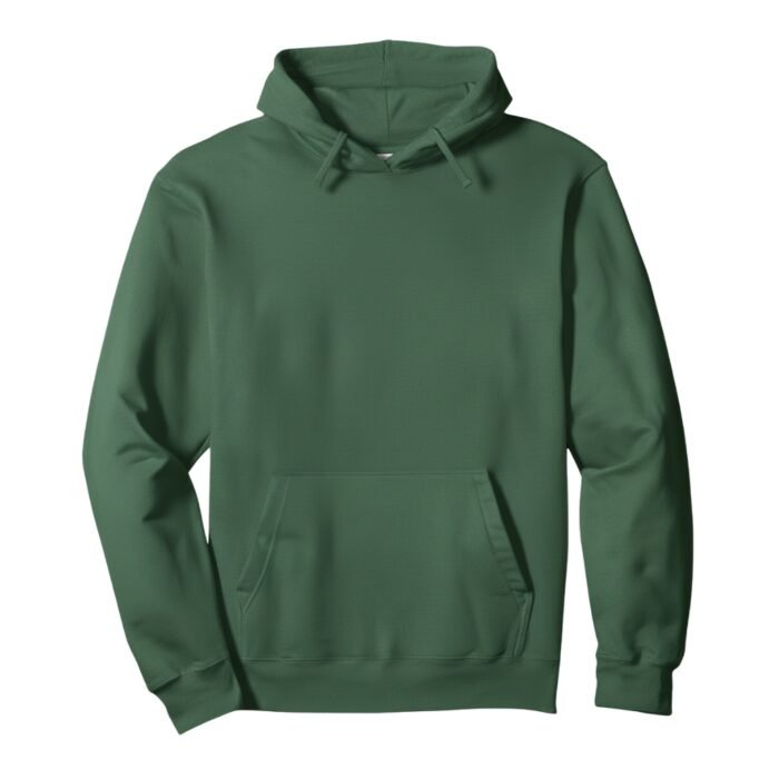 Men’s green pullover hoodie with a drawstring hood and front kangaroo pocket.