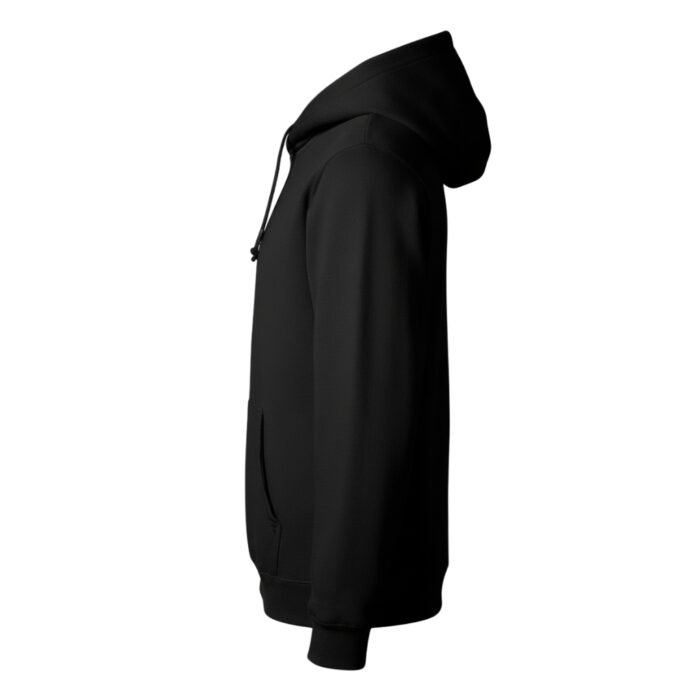 Side view of a men’s black badminton hoodie with a hood and drawstring