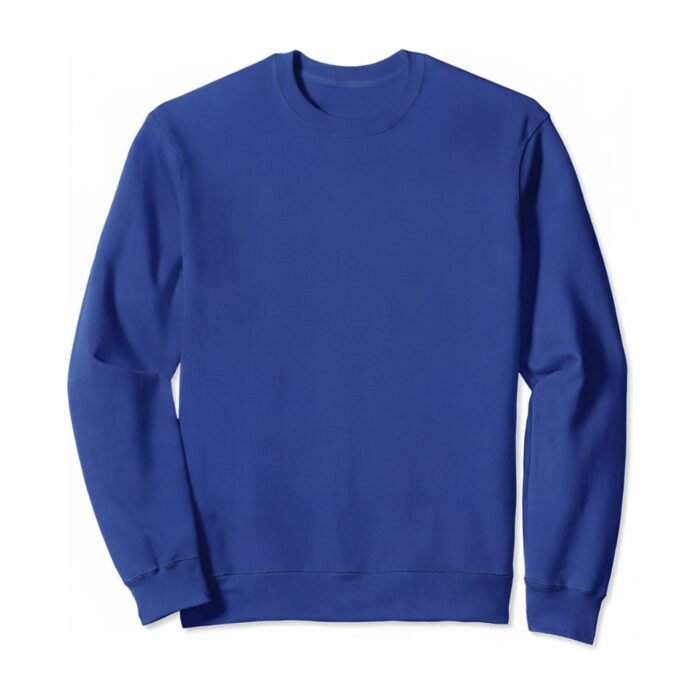 Dark blue men’s crewneck sweatshirt laid flat on a white background in a front view with long sleeves.