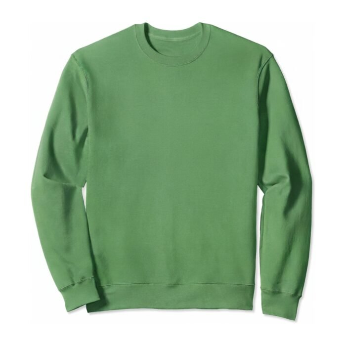 Green men’s crewneck sweatshirt laid flat on a white background in a front view with long sleeves.