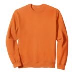 Orange men’s crewneck sweatshirt laid flat on a white background in a front view with long sleeves.