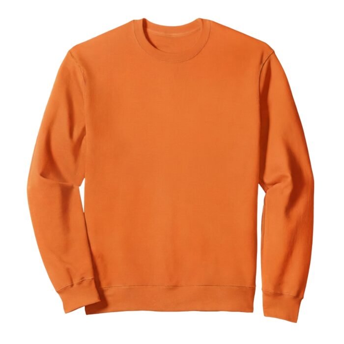 Orange men’s crewneck sweatshirt laid flat on a white background in a front view with long sleeves.