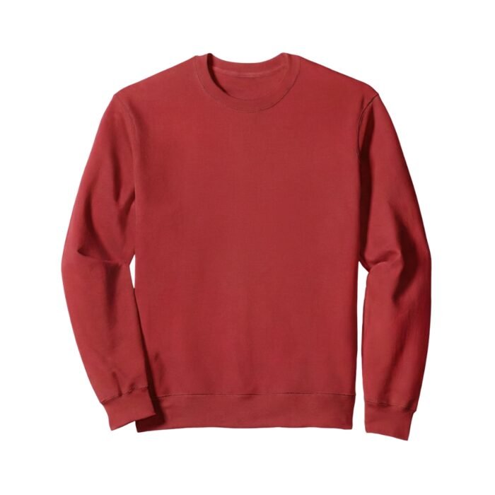 Red men’s crewneck sweatshirt laid flat on a white background with long sleeves.