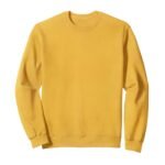 Yellow men’s crewneck sweatshirt laid flat on a white background in a front view with long sleeves.
