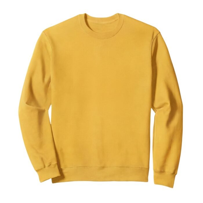 Yellow men’s crewneck sweatshirt laid flat on a white background in a front view with long sleeves.