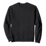 Black men’s sweatshirt laid flat on a white background with a crew neck and long sleeves.
