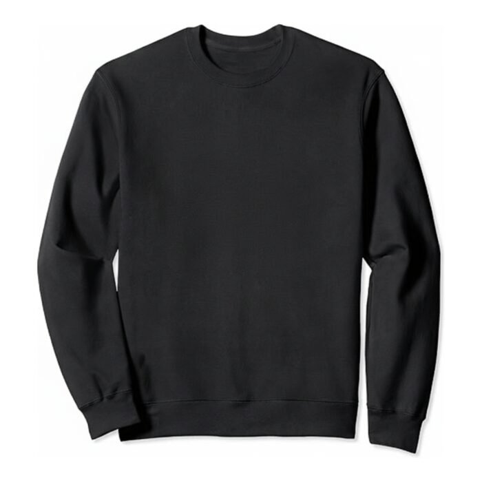 Black men’s sweatshirt laid flat on a white background with a crew neck and long sleeves.