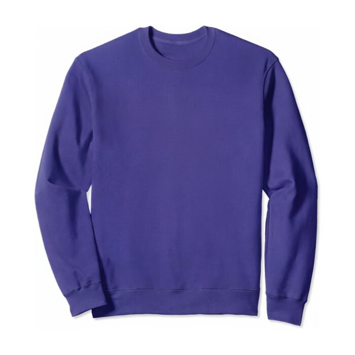 Purple men’s crewneck sweatshirt laid flat on a white background with long sleeves.