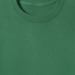 Close-up of a men’s green badminton sweatshirt fabric with ribbed neckline.
