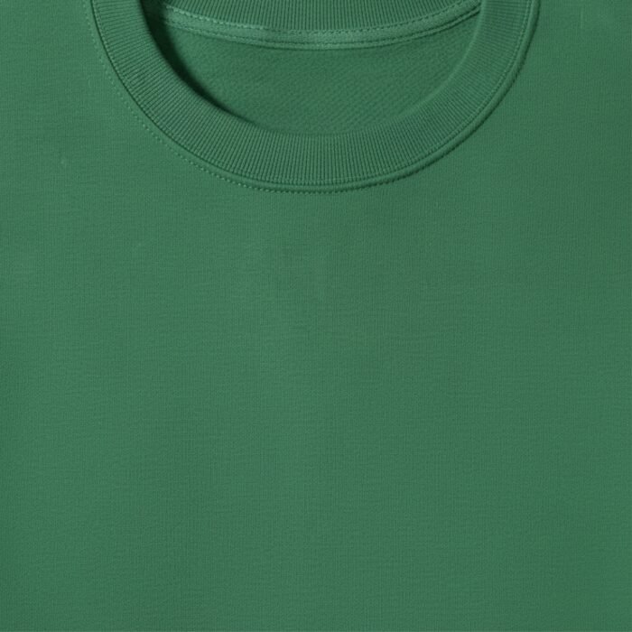 Close-up of a men’s green badminton sweatshirt fabric with ribbed neckline.