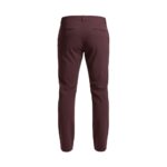 Back view of maroon men's golf pants showing slim fit with belt loops and rear pockets.