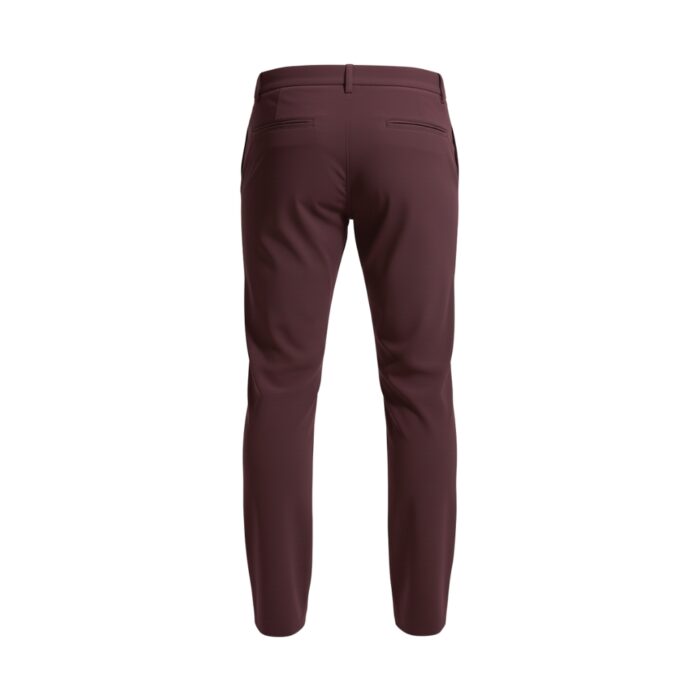 Back view of maroon men's golf pants showing slim fit with belt loops and rear pockets.