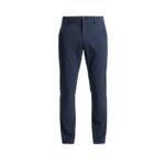 Navy blue men's golf pants front view with button and zipper closure.