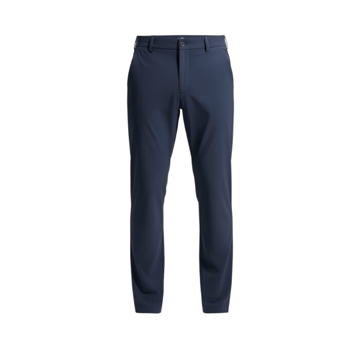 Navy blue men's golf pants front view with button and zipper closure.