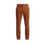 Brown men's golf pants front view with button and fly closure.
