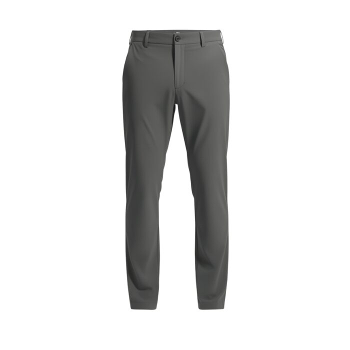 Grey men's golf pants front view with straight leg and classic closure.