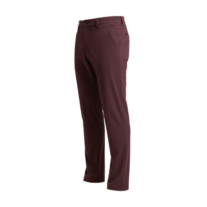 Side view of burgundy men's golf pants with a smooth, tailored fit.