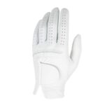 White golf glove viewed from the palm side, with perforations on fingers and palm, reinforced stitching, and a Velcro wrist strap.