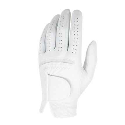 White golf glove viewed from the palm side, with perforations on fingers and palm, reinforced stitching, and a Velcro wrist strap.