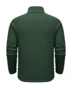 Back view of a dark green, textured fleece jacket with a stand-up collar.